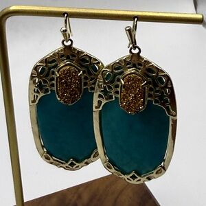 Kendra Scott Deva Turquoise and Gold Drusy Statement Earrings with Gold Filagree